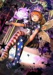  1girl absurdres american_flag_legwear american_flag_shirt blonde_hair clownpiece fairy_wings hat highres holding jester_cap leggings long_hair looking_at_viewer open_mouth organ_derwald red_eyes shirt short_sleeves smile solo star torch touhou wings 