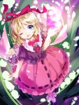  1girl blonde_hair blue_eyes bow flower hair_bow hair_ornament hair_ribbon highres lily_of_the_valley looking_at_viewer makuwauri mary_janes medicine_melancholy one_eye_closed open_mouth ribbon shirt shoes short_hair short_sleeves skirt smile socks solo su-san touhou 