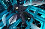  1boy black_hair boots broken_glass cat darker_than_black glass gloves hei kageyama_madoka knife male_focus solo thigh_strap trench_coat weapon wire 