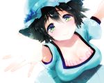  1girl black_hair blush breasts cleavage crying green_eyes hat koshika_rina large_breasts looking_at_viewer outstretched_hand shiina_mayuri short_hair short_sleeves smile solo steins;gate teardrop tears 