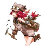  1girl :d asymmetric_gloves bag bangs boots bow character_request copyright_request fingerless_gloves gloves goggles_on_hat hammer hat heart holding kyuusugi_toku leaning_forward long_hair looking_at_viewer low-tied_long_hair nail one_leg_raised open_mouth overalls redhead shorts shoulder_bag simple_background sleeveless smile solo suspenders white_background yellow_bow yellow_eyes 