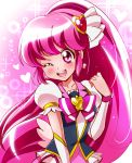  1girl absurdres aino_megumi blush bow brooch cure_lovely earrings hair_ornament hair_ribbon happinesscharge_precure! heart heart_hair_ornament highres jewelry long_hair magical_girl one_eye_closed pink pink_background pink_bow pink_eyes pink_hair precure ribbon sharumon smile solo 