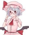  1girl ascot bat_wings batta_(ijigen_debris) bespectacled blue_hair blush glasses hat hat_ribbon looking_at_viewer mob_cap puffy_sleeves red-framed_glasses red_eyes remilia_scarlet ribbon sash shirt short_hair short_sleeves simple_background skirt skirt_set solo touhou upper_body white_background wings wrist_cuffs 
