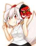  1girl animal_ears blush breasts detached_sleeves elu_butyo hat inubashiri_momiji looking_at_viewer mask pom_pom_(clothes) red_eyes short_hair silver_hair simple_background skirt smile solo tail tengu_mask tokin_hat tongue tongue_out touhou white_background wolf_ears wolf_tail 