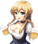  1girl alcohol alternate_costume anchor_hair_ornament beer beer_mug blonde_hair breasts cleavage dirndl don_(29219) dress german_clothes green_eyes hair_ornament hat iron_cross jewelry kantai_collection large_breasts long_hair looking_at_viewer necklace oktoberfest open_mouth prinz_eugen_(kantai_collection) simple_background smile solo twintails underbust upper_body white_background 