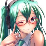  1girl adjusting_glasses bespectacled glasses green_eyes green_hair hatsune_miku headphones looking_at_viewer nail_polish necktie red-framed_glasses smile solo twintails upper_body vocaloid white_background wink wokada 