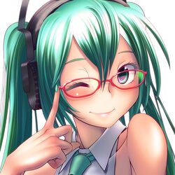  1girl adjusting_glasses bespectacled glasses green_eyes green_hair hatsune_miku headphones looking_at_viewer nail_polish necktie red-framed_glasses smile solo twintails upper_body vocaloid white_background wink wokada 