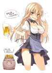  2girls :d =_= alcohol alternate_costume apron barrel beer beer_mug bismarck_(kantai_collection) blonde_hair blue_eyes blush breasts cleavage detached_collar dirndl food german_clothes highres iron_cross kantai_collection large_breasts long_hair looking_at_viewer multiple_girls no_panties oktoberfest oota_yuuichi open_mouth prinz_eugen_(kantai_collection) sausage short_sleeves simple_background skirt smile translation_request underbust waist_apron white_background 