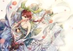  1girl bangs bare_shoulders braid breasts brown_eyes cleavage closed_mouth dress flower frilled_dress frills from_above granblue_fantasy hair_between_eyes hair_flower hair_ornament leaf leaf_on_head long_hair low_twintails motion_blur petals pointy_ears redhead sleeveless solo twintails very_long_hair white_flower yggdrasill_(granblue_fantasy) yoshikanakamura 