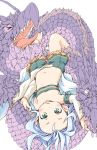  1girl aqua_eyes bare_legs blush detached_sleeves dragon flat_chest frilled_shorts frills granblue_fantasy green_shorts ham_(points) lavender_hair long_hair long_sleeves looking_at_viewer lying navel on_back open_mouth pointy_ears scales shorts smile solo strapless tiamat_(granblue_fantasy) tubetop upside-down very_long_hair younger 