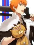  2boys bleach head_grab kon kurosaki_ichigo multiple_boys nuku open_mouth orange_hair over_shoulder stuffed_animal stuffed_lion stuffed_toy sweatdrop sword sword_over_shoulder weapon weapon_over_shoulder 