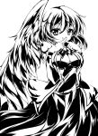 1girl bow bowtie dress jacket kishin_sagume long_sleeves monochrome open_clothes oushi red_eyes shirt short_hair single_wing smile solo touhou wings 