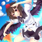  1girl black_wings brown_hair feathered_wings hand_over_eye highres leaf_fan miniskirt open_mouth red_eyes shameimaru_aya sisterakuma skirt sky solo touhou wings 