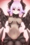  1girl breasts carapace covered_navel covered_nipples highres horns incoming_hug insect_girl lavender_hair looking_at_viewer mantarou_(shiawase_no_aoi_tori) monster_girl monster_girl_encyclopedia outstretched_arms parted_lips short_hair soldier_beetle solo violet_eyes 