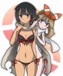  2girls bikini black_hair blue_eyes blush brown_hair front-tie_top hairband haruka_(pokemon) haruka_(pokemon)_(remake) hiding higana_(pokemon) kuroi_paseri multiple_girls pokemon pokemon_(game) pokemon_oras red_eyes scarf side-tie_bikini swimsuit 