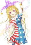 1girl american_flag_legwear american_flag_shirt blonde_hair clownpiece hat holding jester_cap leggings long_hair looking_at_viewer open_mouth red_eyes shirt short_sleeves simple_background smile solo tika_(mika4975) torch touhou white_background 