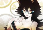  1girl :p absurdres animal_ears black_hair blue-framed_glasses breasts cleavage glasses hand_on_own_chest highres lace large_breasts long_hair looking_at_viewer nail_polish orange_eyes orange_nails orange_slice original shikimi_rau sleeveless slit_pupils solo tongue tongue_out upper_body 