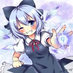  (9) 1girl blue_eyes blue_hair bow cirno clenched_teeth grin hair_bow highres ice ice_wings one_eye_closed sisterakuma smile solo touhou wings 