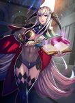  1girl blue_eyes book breasts cape center_opening cleavage fire_emblem fire_emblem_cipher fire_emblem_if long_hair lowres shade_(fire_emblem) solo white_hair 