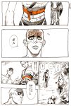  1girl 4boys amputee bags_under_eyes bald belt comic commentary_request imperator_furiosa kotteri mad_max mad_max:_fury_road monochrome multiple_boys nux_(mad_max) prosthesis short_hair sleeping squatting topless translation_request 
