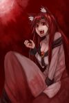  1girl animal_ears bare_shoulders breasts brooch brown_hair cleavage dress fangs gradient gradient_background highres imaizumi_kagerou jewelry long_hair long_sleeves looking_at_viewer moon off_shoulder open_mouth red_eyes red_moon seiya_(cardigan) sitting smile solo touhou wolf_ears 