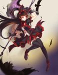  1girl axe bird black_hair black_legwear colored crow doomfest feathers garter_straps gate_-_jieitai_ka_no_chi_nite_kaku_tatakaeri gothic_lolita hair_ribbon highres lolita_fashion long_hair red_eyes ribbon rory_mercury weapon 