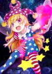  1girl american_flag_legwear american_flag_shirt blonde_hair blush clownpiece fairy_wings hat highres jester_cap long_hair looking_at_viewer open_mouth outstretched_arms pantyhose print_legwear ryuu_(multitask) short_sleeves smile solo star striped touhou violet_eyes wings 