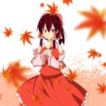  1girl :o autumn_leaves blush bow breasts cato_(monocatienus) commentary_request detached_sleeves food hair_bow hair_ribbon hair_tubes hakurei_reimu large_bow large_breasts leaf looking_at_viewer maple_leaf red_eyes redhead ribbon skirt solo steam sweet_potato touhou vest 