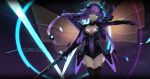  1girl artist_name black_legwear blue_eyes braid breasts character_name choujigen_game_neptune cleavage glowing glowing_eyes hair_ornament highres holding long_hair looking_at_viewer neptune_(series) purple_hair purple_heart solo swd3e2 sword symbol-shaped_pupils twin_braids very_long_hair weapon 