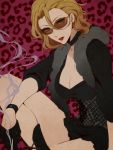  1girl bleach blonde_hair boots breasts choker cigarette cleavage crossed_arms earrings hair_between_eyes jewelry large_breasts leopard_print lips lipstick looking_at_viewer makeup matsumoto_rangiku mole mole_under_mouth nuku parted_lips short_hair smoke solo sunglasses 