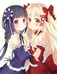  2girls black_hair blonde_hair blue_dress detached_sleeves dress face-to-face hair_ornament hand_holding long_hair meito_(maze) multiple_girls original red_eyes ribbon smile strapless strapless_dress twintails two_side_up 