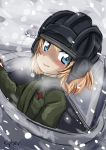  1girl blonde_hair blue_eyes cyber_(cyber_knight) girls_und_panzer helmet katyusha military military_uniform military_vehicle short_hair solo uniform vehicle 