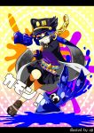  1girl aji_(coastal_area) artist_name blue_eyes blue_hair chain domino_mask engrish fangs full_body gradient gradient_background grin hat highres inkling jojo_no_kimyou_na_bouken jpeg_artifacts kuujou_joutarou_(cosplay) long_coat mask paint_splatter pleated_skirt pointy_ears polka_dot polka_dot_background ranguage shorts_under_skirt skirt smile splatoon squid super_soaker tentacle_hair translation_request 