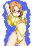  1girl arms_up blue_background blush bow brown_eyes brown_hair cowboy_shot cure_muse_(yellow) leotard orange_bow pink-framed_glasses precure shirabe_ako shiratama0426 short_hair solo suite_precure yellow_bow 