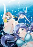  3girls air_bubble barefoot bikini blue_hair blush breath brown_hair bubble clothes_writing coral fish freediving green_eyes holding_breath hoshizora_rin long_hair love_live!_school_idol_project multiple_girls ocean scrunchie shinohara_shinome short_hair smile sonoda_umi swimming swimsuit toujou_nozomi twintails underwater 