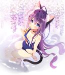  1girl ahoge animal_ears blue_eyes blush breasts byulzzimon cat_ears cat_tail cleavage covered_navel flower knees_together_feet_apart long_hair looking_at_viewer one-piece_swimsuit original parted_lips purple_hair school_swimsuit scissors sitting solo swimsuit tail thigh-highs torn_clothes torn_swimsuit water white_legwear 
