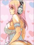  1girl ass babydoll breasts headphones large_breasts long_hair looking_at_viewer looking_back nitroplus open_mouth panties pink_eyes pink_hair pom_pom_(clothes) see-through sideboob solo super_sonico underwear warai 