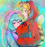  2girls alternate_costume alternate_hair_color animal_ears animal_hood blonde_hair blue_hair blush brown_hair colorful couple eye_contact hakkasame hood hoodie long_sleeves looking_at_another mouse_ears mouse_tail multicolored_hair multiple_girls nazrin profile red_eyes short_hair smile tail tiger_ears tiger_tail toramaru_shou touhou two-tone_hair upper_body yellow_eyes 