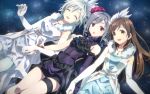  3girls anastasia_(idolmaster) bare_shoulders blush brown_eyes brown_hair closed_eyes detached_sleeves dress drill_hair elbow_gloves flower frills fur_trim gloves hair_flower hair_ornament holding_hands idolmaster idolmaster_cinderella_girls jewelry kanzaki_ranko long_hair looking_at_viewer multiple_girls nail_polish necklace nitta_minami open_mouth pantyhose pure_white_memories purple_dress red_eyes rosenburg_engel short_hair silver_hair smile thigh_strap twin_drills twintails white_dress white_gloves white_legwear yuuki_tatsuya 