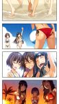  3girls adjusting_clothes adjusting_swimsuit bikini black_hair blue_eyes breasts brown_eyes brown_hair closed_eyes comic flower green_eyes hat hat_flower kimura_(ykimu) long_hair multiple_girls navel open_mouth original short_hair shorts smile swimsuit tan 