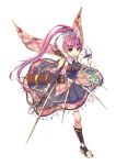  1girl arrow black_legwear bow_(weapon) cape crossbow detached_sleeves high_heels highres humo3104 kneehighs long_hair looking_at_viewer one_leg_raised open_mouth phantom_of_the_kill pink_eyes pink_hair ponytail quiver skirt solo very_long_hair weapon 
