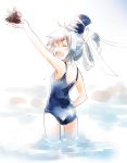  1girl alternate_costume closed_eyes hat makuwauri mononobe_no_futo open_mouth ponytail sea_urchin short_hair silver_hair smile solo swimsuit tate_eboshi touhou 