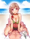  1boy 1girl abs beach bikini blue_sky blush braid breasts brown_eyes brown_hair cleavage clouds green_bikini heart idolmaster idolmaster_cinderella_girls looking_at_viewer navel nekomata_naomi ocean pov sandals senkawa_chihiro sitting sitting_on_person sky smile swimsuit 