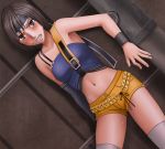  1girl black_eyes black_hair crimson_comics final_fantasy final_fantasy_vii navel short_hair short_shorts shorts solo sweat thigh-highs yuffie_kisaragi 