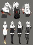  boots burning_hand character_sheet clothes_removed dress gauntlets hand_on_hip high_heel_boots high_heels highres jacket kantai_collection long_hair looking_at_viewer looking_back original pleated_dress ponytail pose red_eyes scrunchie shinkaisei-kan siirakannu sketch thigh-highs virgin_killer_outfit white_hair white_skin zettai_ryouiki 