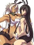 2girls alternate_costume animal_ears arm_around_shoulder ass black_hair breast_press breasts bunny_girl bunny_tail choker collarbone commentary_request dark_skin hand_on_hip kantai_collection large_breasts long_hair looking_back multiple_girls musashi_(kantai_collection) nagato_(kantai_collection) navel open_clothes orange_eyes rabbit_ears red_eyes short_hair short_shorts shorts suspenders symmetrical_docking tail thigh-highs toned tsuzuki_masumi two_side_up unbuttoned very_long_hair white_hair wrist_cuffs 