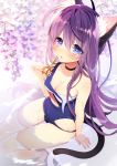  1girl animal_ears blue_eyes blush breasts byulzzimon cat_ears cat_tail cleavage covered_navel heart heart-shaped_pupils knees_together_feet_apart long_hair looking_at_viewer one-piece_swimsuit original parted_lips purple_hair school_swimsuit scissors sitting solo swimsuit symbol-shaped_pupils tail thigh-highs torn_clothes torn_swimsuit water white_legwear 