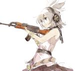  1girl ak-47 assault_rifle belt blonde_hair brown_eyes earmuffs gun holding makuwauri rifle shirt simple_background skirt sleeveless smile solo touhou toyosatomimi_no_miko weapon white_background wristband 