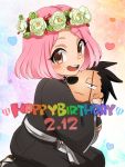  1boy 1girl black_hair bleach blush_stickers brown_eyes character_doll eyepatch flower_wreath happy_birthday heart kusajishi_yachiru nuku pink_hair scar scar_across_eye short_hair stuffed_toy zaraki_kenpachi 