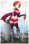  1girl armor bat_wings boots breasts cape character_request cleavage contrapposto copyright_request hair_ornament hairclip heart highres large_breasts looking_at_viewer midriff navel_piercing orange_hair piercing short_hair skirt smile solo spike_wible sword symbol-shaped_pupils tagme thigh-highs vambraces violet_eyes weapon white_hair wings zettai_ryouiki 